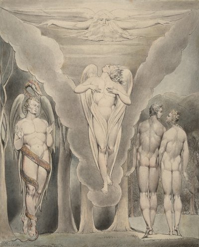 Ilustracja 4 do „Raju utraconego” Miltona: Szatan szpieguje Adama i Ewę oraz zejście Rafaela do raju, 1807 autorstwa William Blake