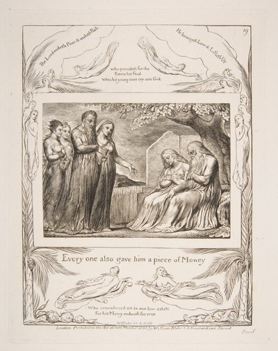 Hiob przyjmujący dobroczynność, z ilustracji Księgi Hioba, 1825-26. autorstwa William Blake