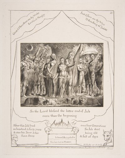 Hiob i jego żona przywróceni do dobrobytu, z ilustracji Księgi Hioba, 1825-26. autorstwa William Blake
