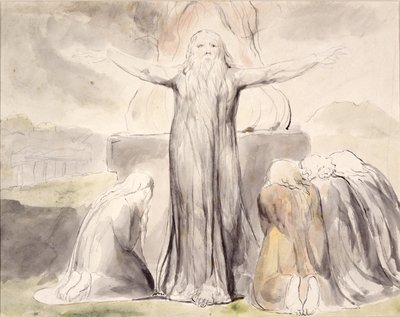 Ofiara Hioba: A mój sługa Hiob będzie się za ciebie modlił (pióro i atrament z akwarelą na papierze) autorstwa William Blake