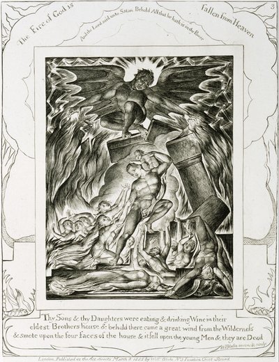 Synowie i córki Hioba przytłoczeni przez Szatana autorstwa William Blake