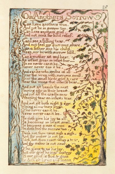O smutku kogoś innego, ilustracja z „Pieśni o niewinności i doświadczeniu” (Bentley Copy L) pl.28 (Bentley 27) 1789-94 (akwaforta wypukła piórem i akwarela na papierze) autorstwa William Blake