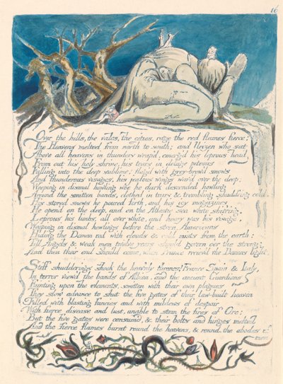 „Nad wzgórzami, dolinami i miastami szaleją dzikie czerwone płomienie...” (Tablica 18) autorstwa William Blake