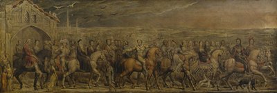 Sir Jeffrey Chaucer (ok. 1342-1400) i Dziewięciu i Dwudziestu Pielgrzymów w podróży do Canterbury (tempera na płótnie) autorstwa William Blake