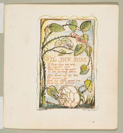 Pieśni niewinności i doświadczenia: Chora róża, ca. 1825. autorstwa William Blake