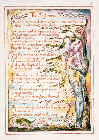 Argument, ilustracja i tekst z „Wesela Nieba i Piekła”, c.1790-3 (relief akwaforta wykończony piórem i wc) autorstwa William Blake