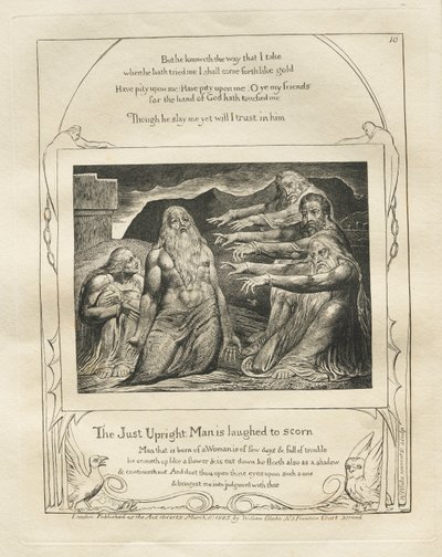 Księga Hioba: Pl. 10, Sprawiedliwy człowiek jest wyśmiewany z pogardy autorstwa William Blake