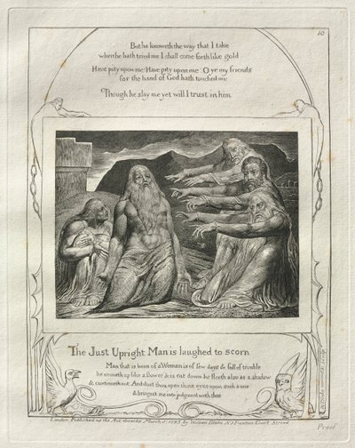 Księga Hioba: Pl. 10, Sprawiedliwy człowiek jest wyśmiewany z pogardy autorstwa William Blake