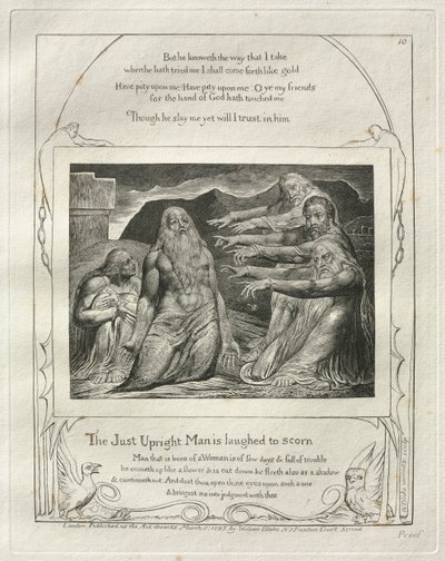 Księga Hioba: Pl. 10, Sprawiedliwy człowiek jest wyśmiewany z pogardy, 1825. autorstwa William Blake