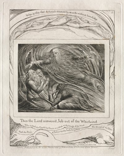 Księga Hioba: Pl. 13, Wtedy Pan odpowiedział Jobowi z trąby powietrznej, 1825. autorstwa William Blake