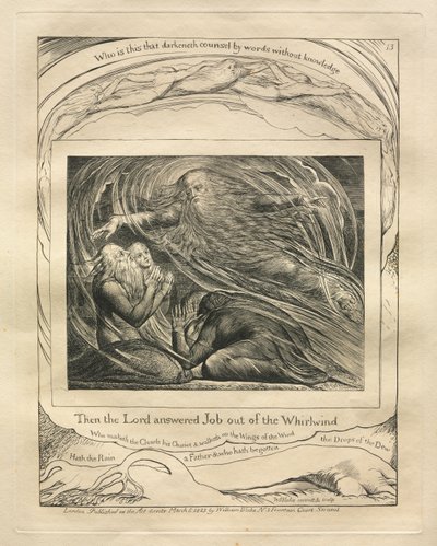 Księga Hioba: Pl. 13, Wtedy Pan odpowiedział Jobowi z trąby powietrznej, 1825. autorstwa William Blake