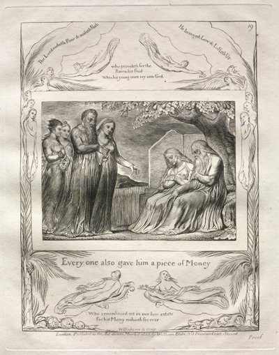 Księga Hioba: Pl. 19, Każdy też dał mu kawałek Pieniędzy, 1825. autorstwa William Blake