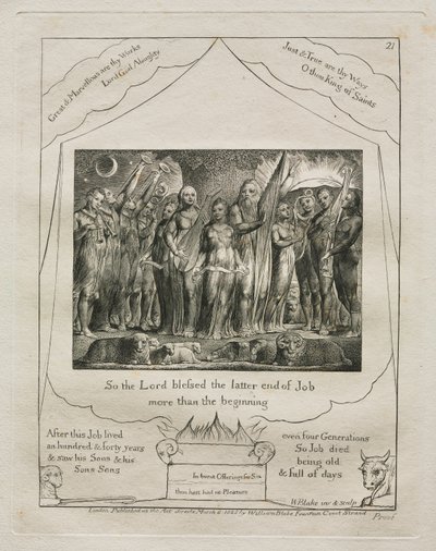 Księga Hioba: Pl. 21, więc Pan pobłogosławił ostatni koniec Joba bardziej niż 1825. autorstwa William Blake