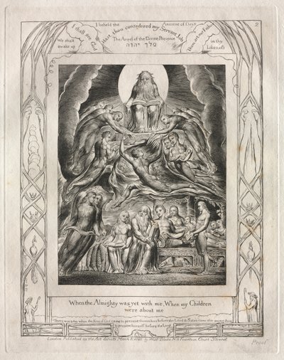 Księga Hioba: Pl. 2, Kiedy Wszechmogący był jeszcze ze mną, Kiedy moje dzieci / były przy mnie autorstwa William Blake