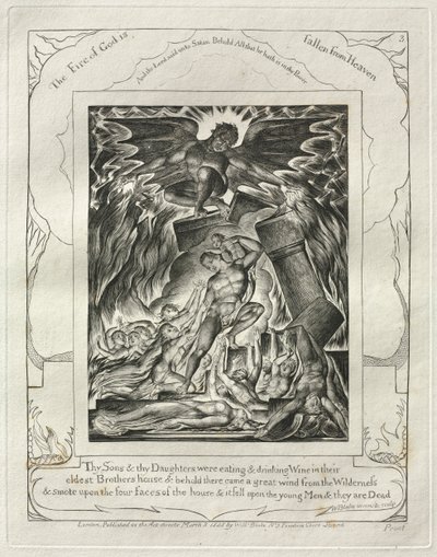 Księga Hioba: Pl. 3, Twoi synowie i twoje córki jedli i pili wino..., 1825. autorstwa William Blake