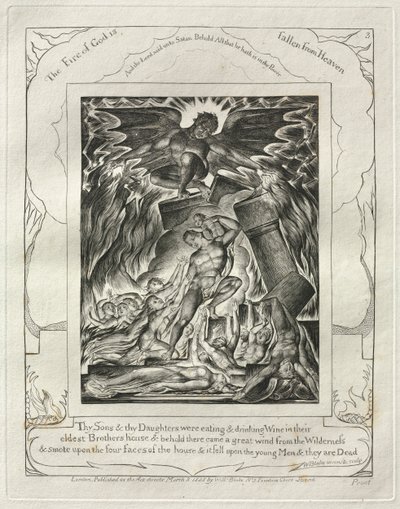 Księga Hioba: Pl. 3, Twoi Synowie i Twoje Córki jedli i pili Wino w swoim / najstarszym domu Braci autorstwa William Blake