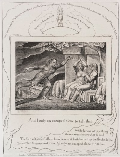 Księga Hioba: Pl. 4, a ja tylko sam uciekłem, aby ci powiedzieć, 1825. autorstwa William Blake