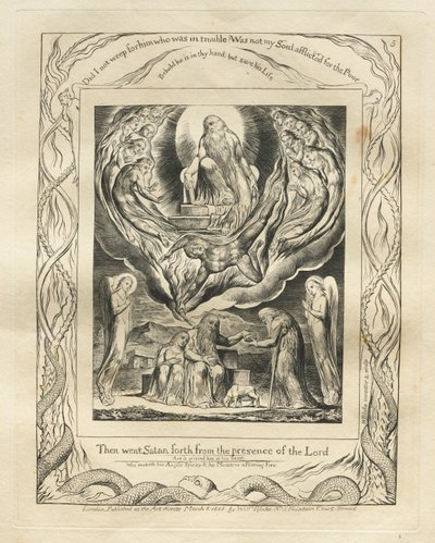 Księga Hioba: Pl. 5, Wtedy szatan wyszedł z obecności Pana, 1825. autorstwa William Blake