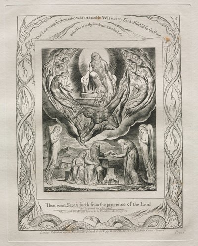 Księga Hioba: Pl. 5, Wtedy szatan wyszedł z obecności Pana, 1825. autorstwa William Blake