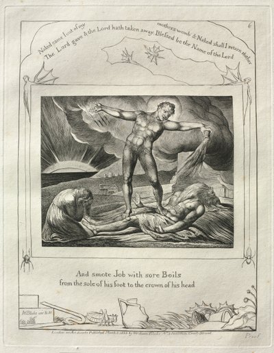 Księga Hioba: Pl. 6, I poraził Hioba bolesnymi wrzodami na podeszwie stopy..., 1825. autorstwa William Blake