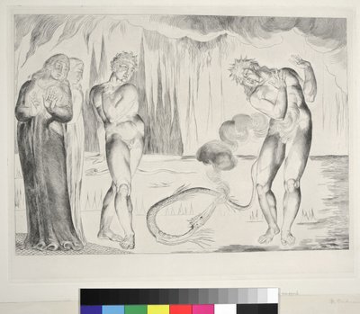 Krąg złodziei: Buoso Donati zaatakowany przez węża, Inferno, Canto XXV, ilustracja do "Boskiej komedii" Dantego Alighieri, 1827 autorstwa William Blake