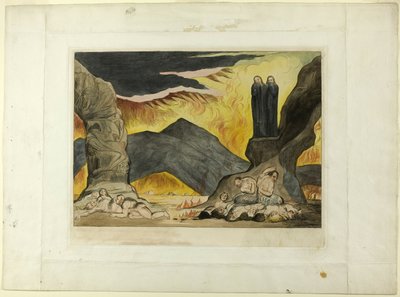 Krąg fałszerzy: Dante i Virgil zakrywający nosy z powodu smrodu. Piekło, pieśń XXIX autorstwa William Blake