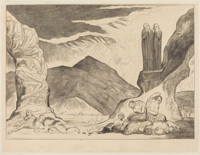 Krąg fałszerzy: Dante i Wergiliusz zasłaniają nosy z powodu odoru autorstwa William Blake
