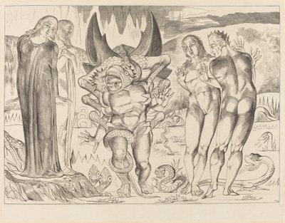 Koło złodziei, Agnolo Brunelleschi zaatakowany przez sześcionożnego węża, 1827. autorstwa William Blake