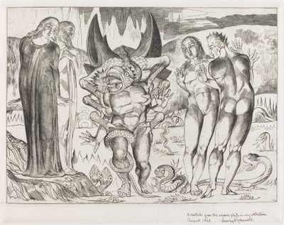 Koło złodziei, Agnolo Brunelleschi zaatakowany przez sześcionożnego węża, 1827. autorstwa William Blake
