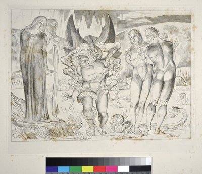 Krąg złodziei: Agnolo Brunelleschi zaatakowany przez piekło sześcionogiego węża, kanto XXV, ilustracja do „Boskiej komedii” Dantego Alighieri autorstwa William Blake