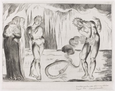 Krąg złodziei, Buoso Donati zaatakowany przez węża, 1827. autorstwa William Blake