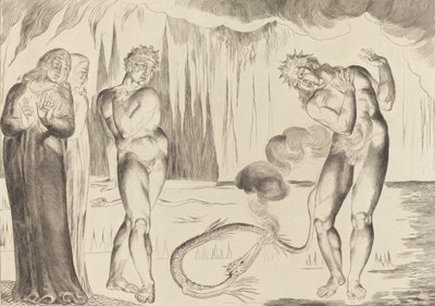 Krąg złodziei, Buoso Donati zaatakowany przez węża, 1827. autorstwa William Blake