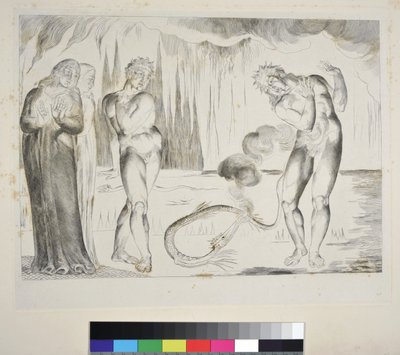 Krąg złodziei: Buoso Donati zaatakowany przez węża, Inferno, Canto XXV, ilustracja do „Boskiej komedii” Dantego Alighieri, c.1827-38 (rycina) autorstwa William Blake