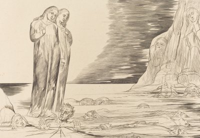 Krąg zdrajców, stopa Dantego uderzająca w Bocca degli Abbate, 1827. autorstwa William Blake