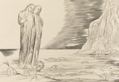Krąg zdrajców, stopa Dantego uderzająca w Bocca degli Abbate, 1827. autorstwa William Blake