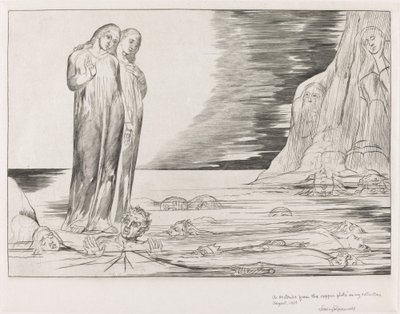 Krąg zdrajców, stopa Dantego uderzająca w Bocca degli Abbate, 1827. autorstwa William Blake
