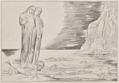Krąg zdrajców: Stopa Dantego uderzająca w Bocca degli Abbate, od Piekła Dantego, Pieśń XXXII Ilustracja do Boskiej Komedii Dantego autorstwa William Blake