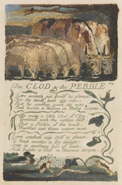 „The Clod and the Pebble”, płyta 36 z „Songs of Experience”, 1794 (relief akwaforta z akwarelą) autorstwa William Blake