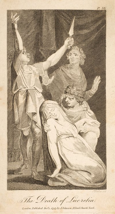 Śmierć Lukrecji, z Nowej i bezstronnej historii rzymskiej Allena, wyd. 1797 (grawerowanie) autorstwa William Blake