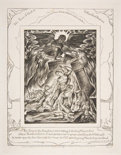 Zniszczenie synów Jobsa, z ilustracji Księgi Hioba, 1825-26. autorstwa William Blake