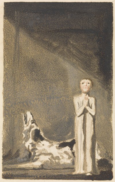 Pierwsza Księga Urizena, tablica 24, Chłopiec w długiej sukni, stojący z założonymi rękami na prawo od psa autorstwa William Blake