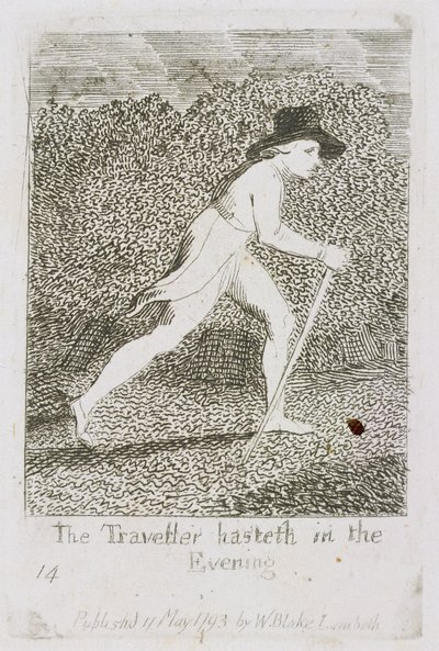 Podróżnik Hasteth Wieczorem, płyta 15 z „Dla dzieci. Bramy raju”, 1793 autorstwa William Blake