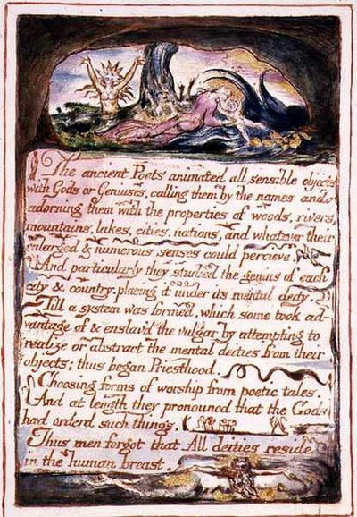 "Starożytni poeci...", ilustracja i tekst z "Wesela Nieba i Piekła", c.1790-3 (akwaforta wykończona piórem i akwarelą) autorstwa William Blake