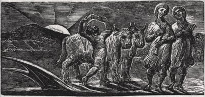 Z Pieśniami Jovial Hinds wracają z pługa, ilustracja z „The Pastorals of Virgil” dr Thorntona autorstwa William Blake