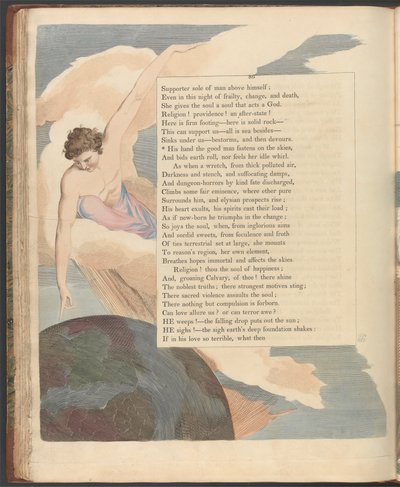 Nocne myśli Younga, strona 86, „Jego ręka, dobry człowiek, przyczepia się do nieba” autorstwa William Blake