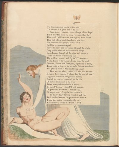 Nocne myśli Younga, strona 90, „Ten dotyk z niebiańskim urokiem leczy duszę” autorstwa William Blake