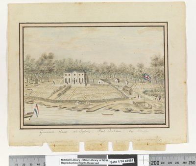 Opp. p. 225. "Dom gubernatora w Sydney, Port Jackson 1791", ok. 1802 (akwarela) autorstwa William Bradley