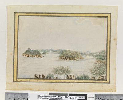 Opp. p. 93. „Św. Ramię Broken Bay Nowej Południowej Walii z wyspy przy wejściu. Wrzesień 1789