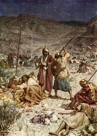 Dawid oszczędza życie Saula. - Biblia autorstwa William Brassey Hole