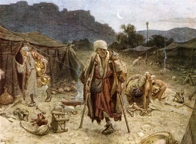 Czterech trędowatych plądrujących obóz Syryjczyków. - Biblia autorstwa William Brassey Hole